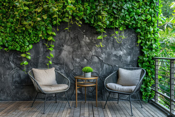 Wall Mural - outdoor balcony with two chairs and a table, green plants on the wall