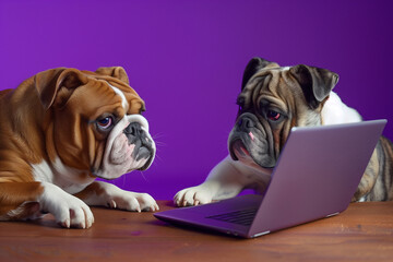 Wall Mural - Cute dog sitting with computer on purple background