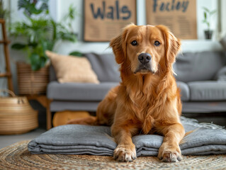 Wall Mural - A golden retriever is depicted laying on a sofa in the living room of a home in this image. 