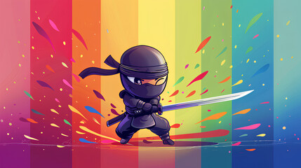Wall Mural - cute ninja mascot action playing with sword cool pose