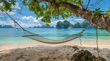Peaceful beach with a hammock between trees overlooking clear blue water and lush islands. A place to relax and escape. Idyllic tropical paradise setting for vacation or meditation.