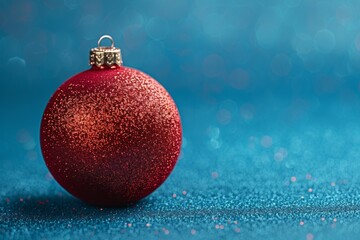 Wall Mural - Glittery Red Christmas Bauble on Sparkling Blue Background