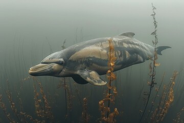 Wall Mural - A Baiji river dolphin swimming in the murky waters of the Yangtze River, its elongated beak and graceful movements captured underwater. 