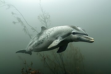 Poster - A Baiji river dolphin swimming in the murky waters of the Yangtze River, its elongated beak and graceful movements captured underwater. 