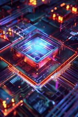 Wall Mural - A detailed close-up image of a quantum processor chip, showcasing intricate circuit patterns and connections, highlighting advanced technology and precision engineering