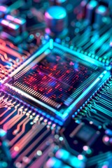 Poster - A detailed close-up image of a quantum processor chip, showcasing intricate circuit patterns and connections, highlighting advanced technology and precision engineering