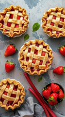 Wall Mural - Fresh homemade strawberries tarts with copy space. Rhubarb pie day. Delicious food