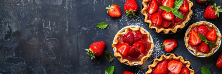 Wall Mural - Fresh homemade strawberries tarts with copy space. Rhubarb pie day. Delicious food