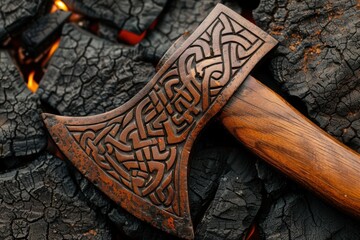 Wall Mural - Ornate wooden axe with intricate celtic design