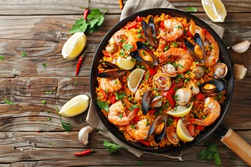 Wall Mural - Seafood Paella with Lemon Wedges on Rustic Background