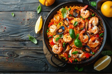 Wall Mural - Seafood Paella in Pan on Rustic Wooden Table