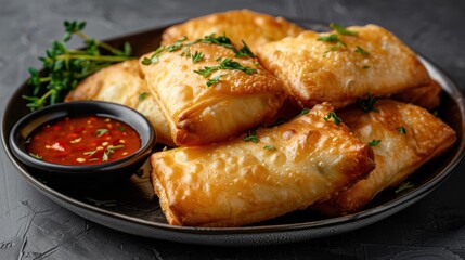 Delicious fried pastry appetizers with spicy dipping sauce