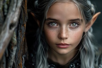 Poster - Captivating portrait of a young woman with striking blue eyes and freckles