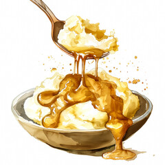 Poster - A ladle of golden brown gravy cascading over mashed potatoes, simple watercolor illustration isolated on a white background 