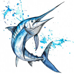 Poster - A majestic marlin with sleek silver and blue stripes, cute cartoon ink watercolor illustration isolated on a white background