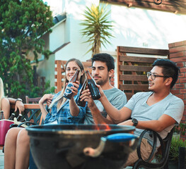 Canvas Print - Friends, beer and outdoor barbecue or party with cheers for celebration of holiday and social hangout at backyard patio. Group of people with drinks or alcohol bottle for toast and summer bbq at home