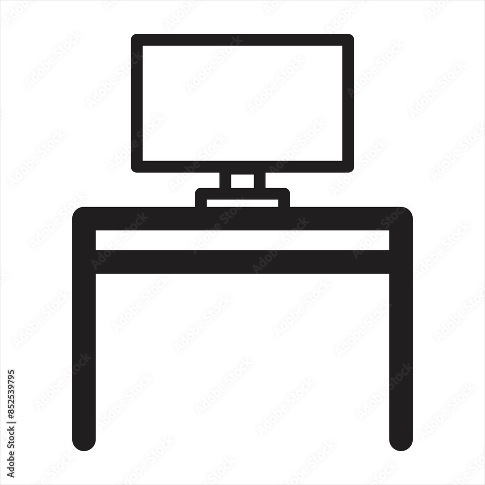 Computer desk icon. Features a streamlined modern computer desk with a ...
