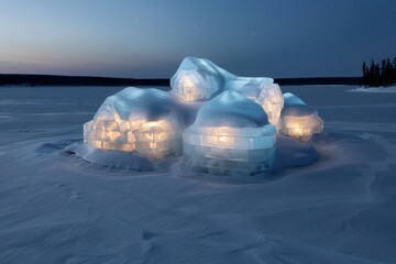 Poster - Glowing ice igloos on frozen lake at night