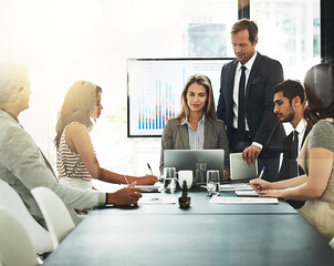 Wall Mural - Group, people and laptop for collaboration in company as consultant in accounting firm or bank in workshop or office. Team, business meeting and tech in brainstorming for growth or career in finance