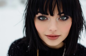 Poster - Captivating woman with striking green eyes and dark hair