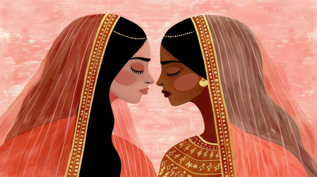 A digital illustration of two women wearing traditional Indian wedding attire, facing each other, with a pink background