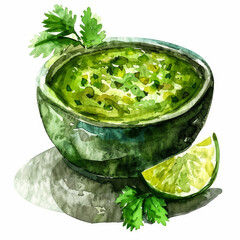 Wall Mural - A small bowl of spicy green salsa verde with a hint of lime, simple watercolor illustration isolated on a white background 