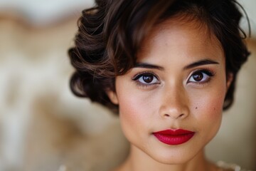 Wall Mural - Glamorous woman with dark curly hair and red lips