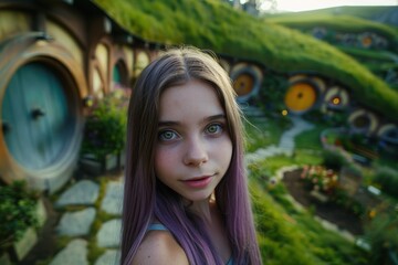 Poster - young woman with purple hair in front of colorful mural