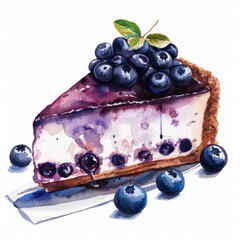 Sticker - A sumptuous deep-blue blueberry cheesecake, simple watercolor illustration isolated on a white background 