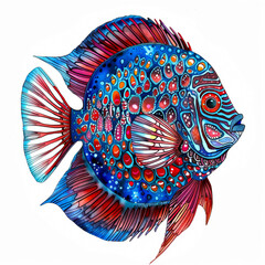 A vibrant discus fish with intricate blue and red patterns, cute cartoon ink watercolor illustration isolated on a white background