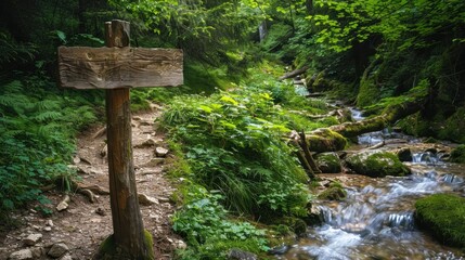 Wall Mural - Serene forest stream with wooden sign