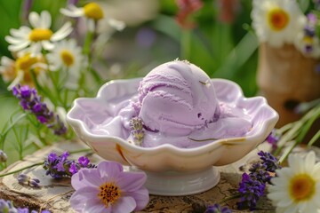 Wall Mural - Lavender ice cream in a floral setting