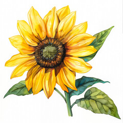 Poster - Bright yellow sunflower with broad green leaf, simple watercolor illustration isolated on a white background 