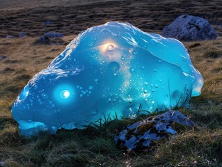 Wall Mural - Glowing blue jelly-like creature on grassy field