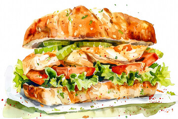 Wall Mural - Chicken salad sandwich with tender chicken chunks, crisp celery, and creamy mayonnaise, simple watercolor illustration isolated on a white background 