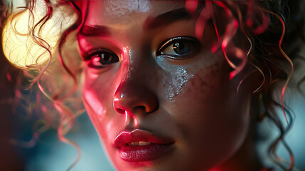 portrait of a women with neon light on face