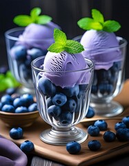 Blueberry ice cream scoops are presented in elegant glasses, accompanied by a scattering of fresh blueberries and adorned with delicate mint sprigs