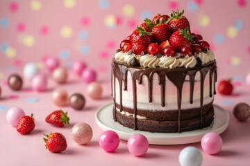 Poster - Chocolate Drip Cake with Berries on Whimsical Background