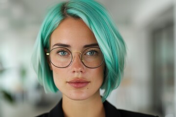 Sticker - woman with teal blue hair and round glasses