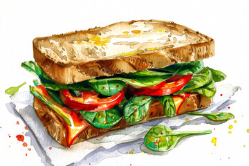 Canvas Print - Hummus and veggie sandwich with creamy hummus, vibrant red bell peppers, and fresh spinach, simple watercolor illustration isolated on a white background 