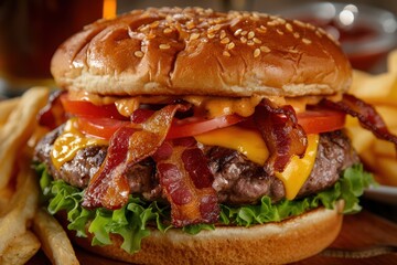 Wall Mural - Delicious cheeseburger with bacon and lettuce