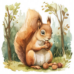 Wall Mural - Playful brown squirrel gathering acorns in a sunlit green forest, simple watercolor illustration isolated on a white background 