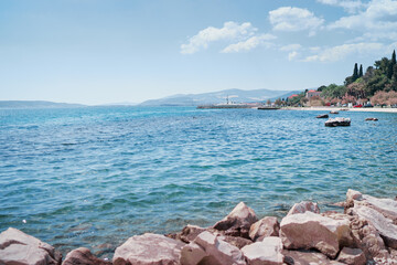 Sticker - Beautiful landscape with mountains view. Kastel coast in Dalmatia, Croatia. Famous tourist destination. Old town on the Adriatic seashore.