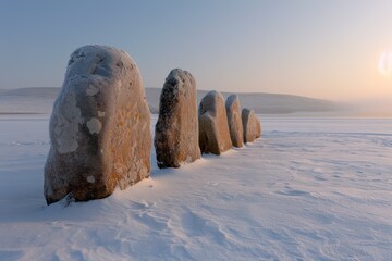 Canvas Print - Frozen lake with snowy boulders at sunset