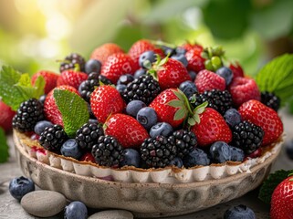 Wall Mural - Delicious fresh mixed berries in a ceramic bowl