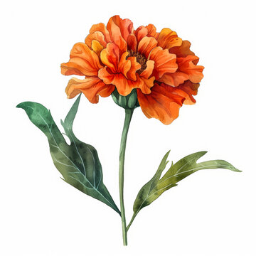 Rich orange marigold with detailed green leaf, simple watercolor illustration isolated on a white background 