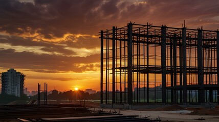 Wall Mural - construction site and sunset , structural steel beam build large residential buildings.