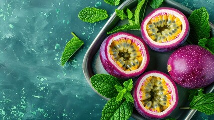 Exotic passion fruit and mint leaves on dark background
