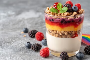 Wall Mural - Delicious layered parfait with granola, berries, and yogurt