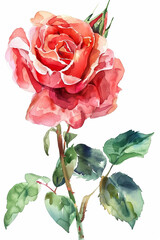 Sticker - Vibrant red rose with lush green leafs, simple watercolor illustration isolated on a white background 